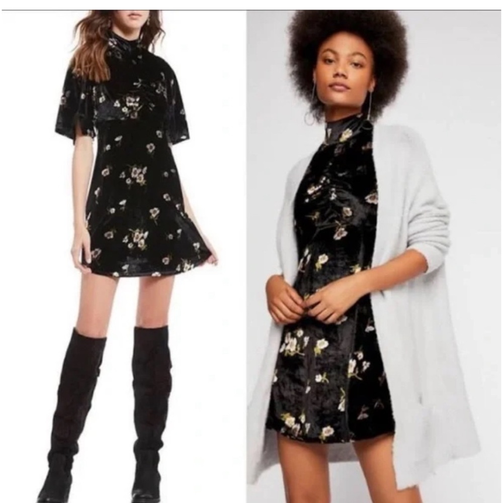 Free People Be My Baby Black Floral Velvet Dress size 6